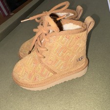 UGG Kids Bootie Brown Multicolor Faux Fur Lined Logo Accents US Size 8