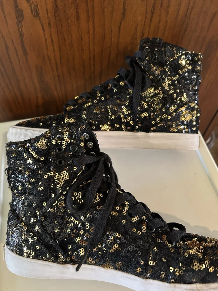 Tênis Feminino Skytop Preto Dourado Lantejoulas Bling Hi Top Supra Tamanho 8.5 - Imagem 3 de 4