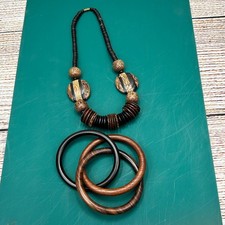 Vintage Wood Beaded Necklace Interlocked Bangle Set in Lord & Taylor Box