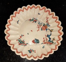 Rare Mid 18th C Bow Soft Paste Porcelain Fluted Kakiemon Two Quail Fluted Dish