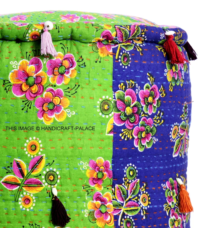 Kantha Quilt Pouf Indian Handmade Floral Print Cotton Ottoman Filled Pouf Stool - Image 3 of 3