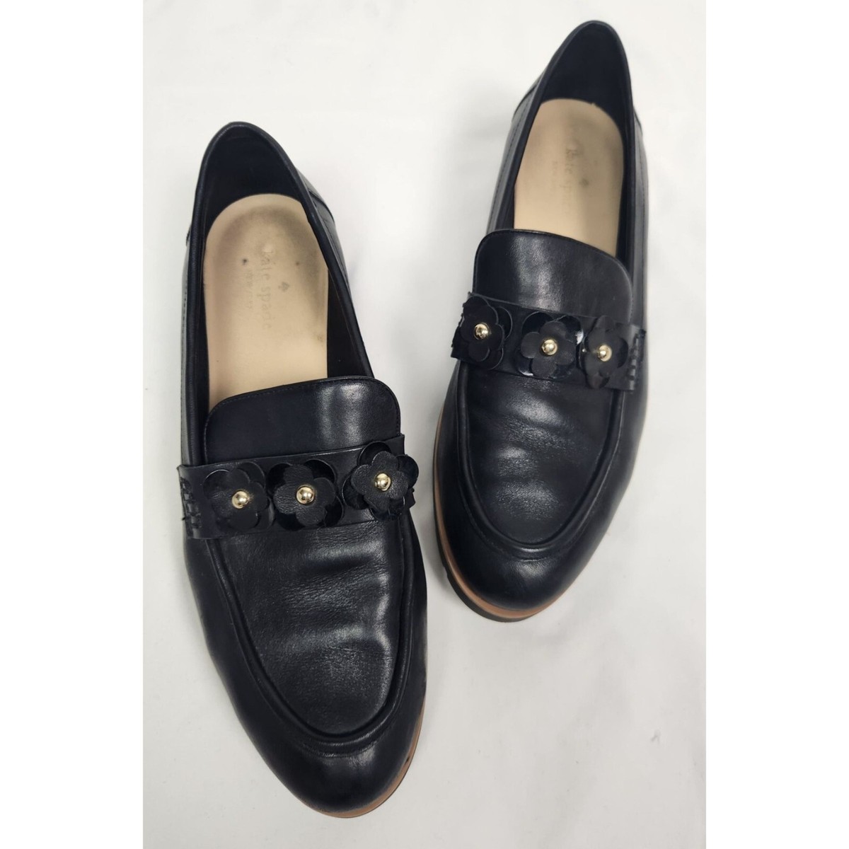Kate Spade Women's 11 Black Leather Floral Detail Karisa Loafers