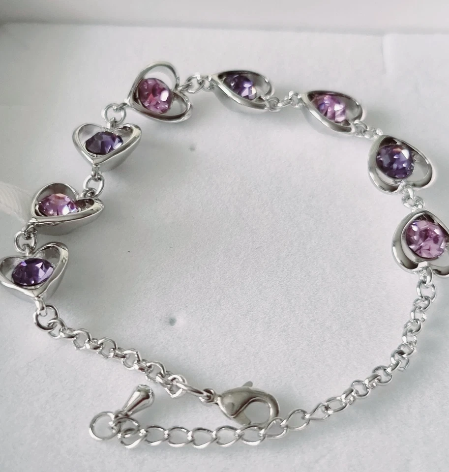 Swarovski Element Purple Heart Shaped Crystal Rhodium Plated Women Bracelet - Image 2 of 4