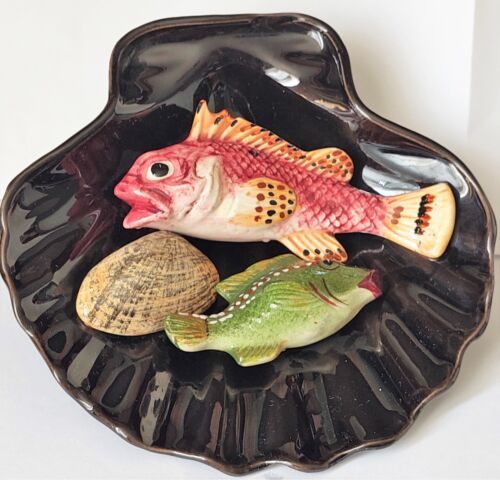 Coquillage céramique trompe l'œil poisson barbotine vintage 60's 70 Vallauris - Afbeelding 1 van 7
