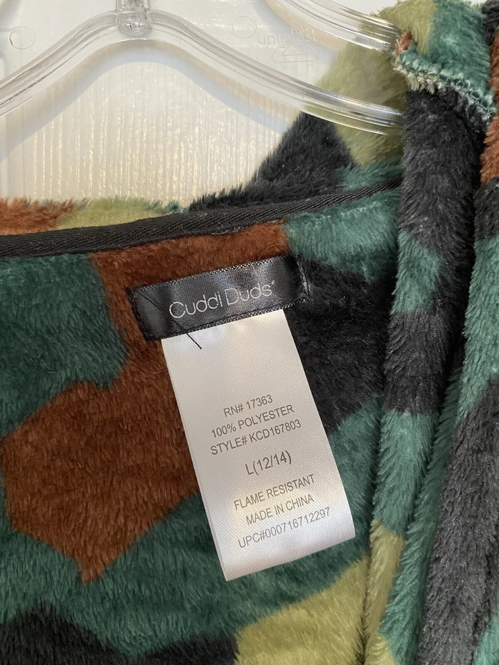Boys Cuddl Duds Hooded Bath Robe Size L 12 / 14 Green Camouflage Camo Pockets VG - Image 3 of 4