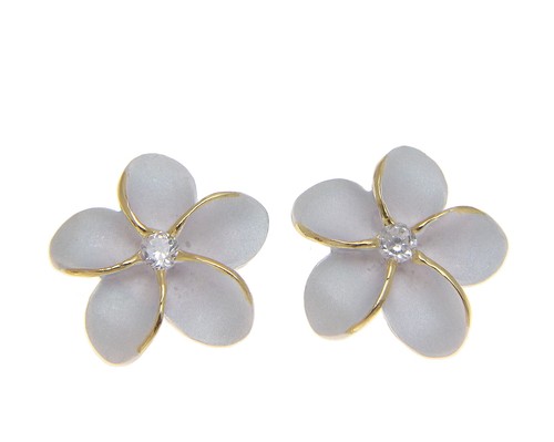 Orecchini A Borchia Argento Con Fiore Finto Perla - Stile Hibiscus E Plumeria