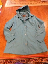 Classic Teal Blue Weatherproof Raincoat Jacket removable Hood Zip Snap EUC Sz S
