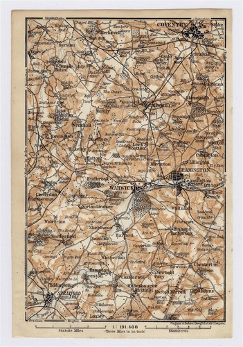1910 ANTIQUE MAP OF VICINITY OF WARWICK ROYAL LEAMINGTON SPA COVENTRY ENGLAND
