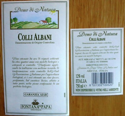 Wine labels liqueurs ITALY GIFT OF NATURE hills Albani wine fountain label 