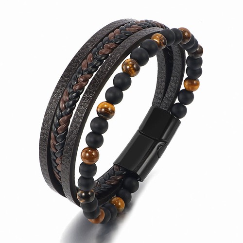 NEW Mens Leather Braided Surfer Wristband Bracelet Tiger Eyes Beaded Bangle Gift - Picture 7 of 18