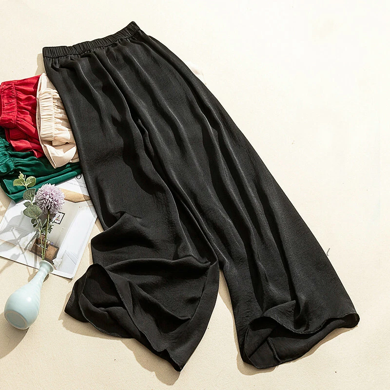 Women Satin Wide Leg Pants Casual Trousers Loose High Waist Faux Silk Blue Black - Image 4 of 4