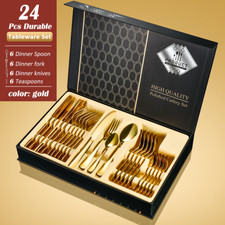24pc Gold Stainless Steel Cutlery Set Flatware Dinnerware  christmas Gift  Box