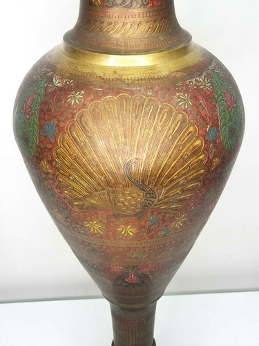 Vintage Solid Brass 35in vase Etched Enamel Engraved Made In India large Peacock - Picture 8 of 12
