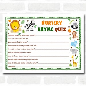 Jungle Baby Shower Games Nursery Rhyme Quiz Cards Ebay