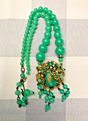 VINTAGE EARLY MIRIAM HASKELL DANGLE BLUE GREEN GLASS BEAD NECKLACE 16''