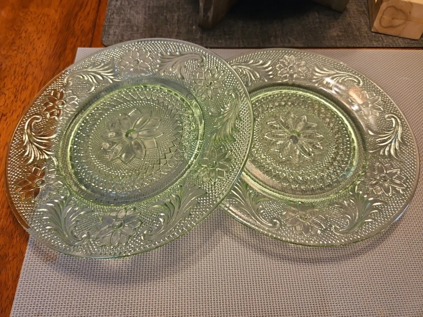 Two Tiara Glass Sandwich Chantilly Green 7 ¼” Salad Plate(s)