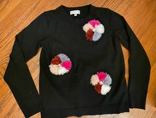 MILLY Minis Designer Girl's Black Sweater Faux Fur Pom Pom Bead Soft 9-10, 11-12