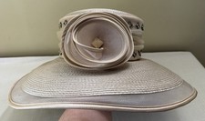 Vintage 80s ML Studio Church Hat Tan Derby Flaral Gem Faux Straw Wide Brim