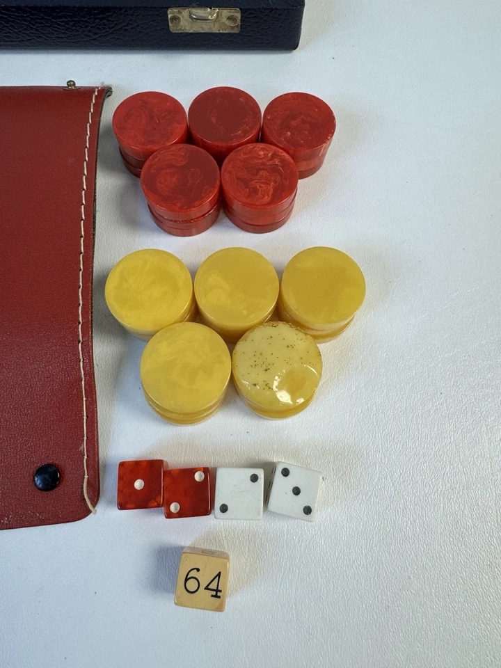 CARDINAL BACKGAMMON SET Cork Gameboard/Bakelite Red & Butterscotch Game Pieces - Image 4 of 4