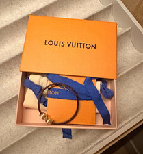 Louis Vuitton Brown Leather Open Bangle Bracelet Signed Gold-Tone Logo Ends