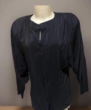 Kenar Shirt Women’s Size 14, Blue 100% Silk Ann Tijan Blouse With Shoulder Pads