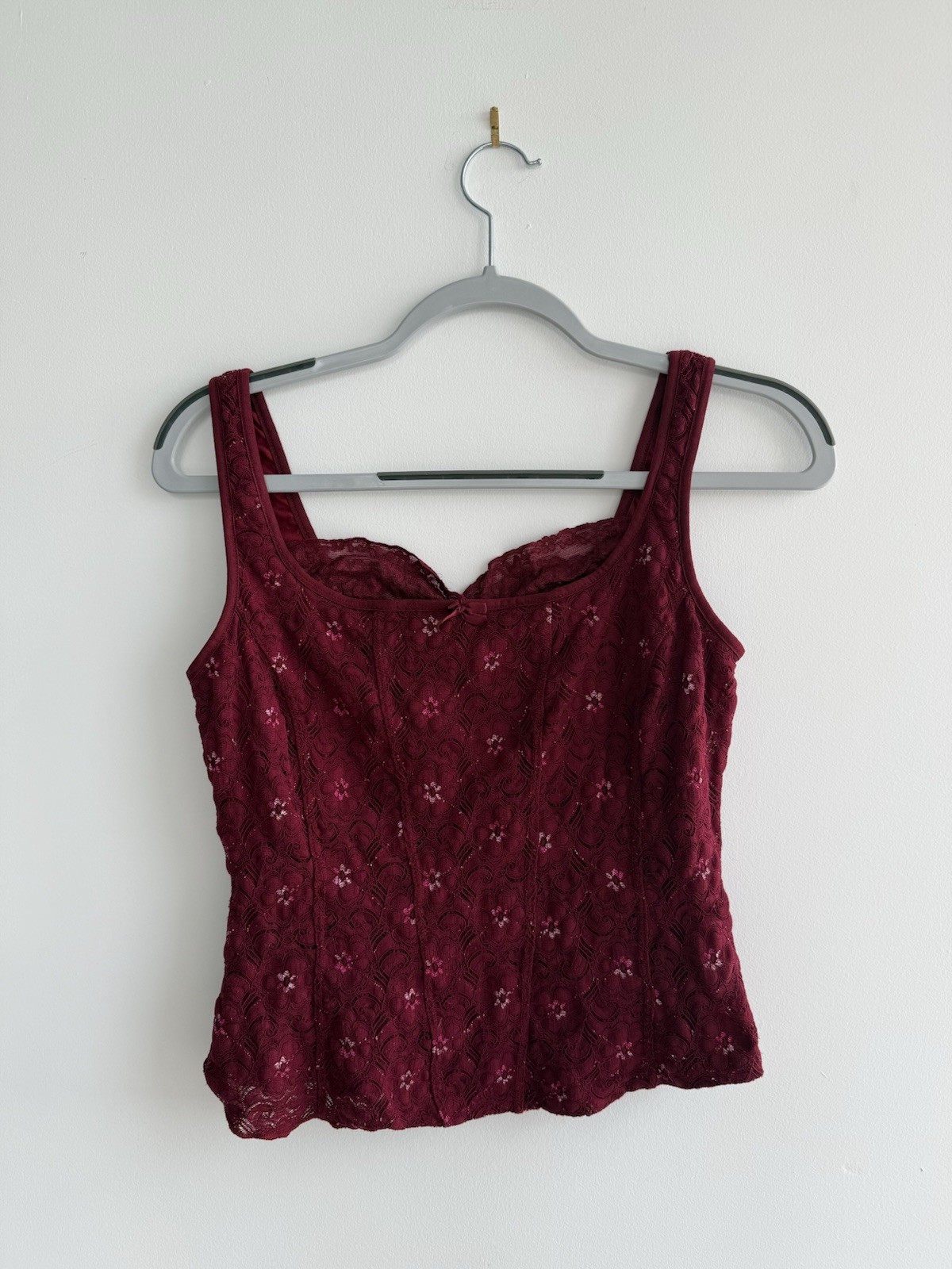 Y2K Newport Lace Tank Top Burgundy Floral Embroidered Made USA