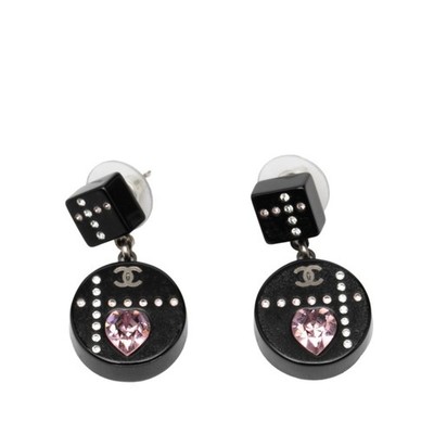 Chanel Coco Mark Heart Earrings, Silver, Black, Pink Metal 
