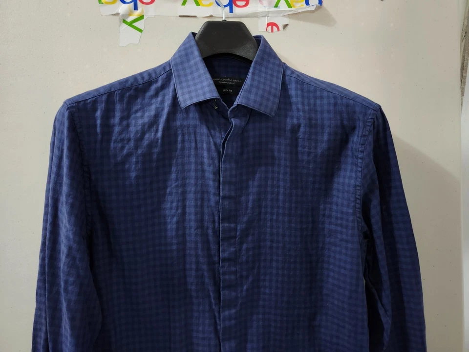 John Varvatos 衬衫男式 15 蓝色长袖纽扣隐藏格子格子修身 — 第 4/4 张图片