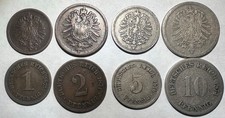 Germany GERMAN EMPIRE 1874-1889 SET of 4 Coins, 1, 2, 5 10 Pfennig Lot Kaiser
