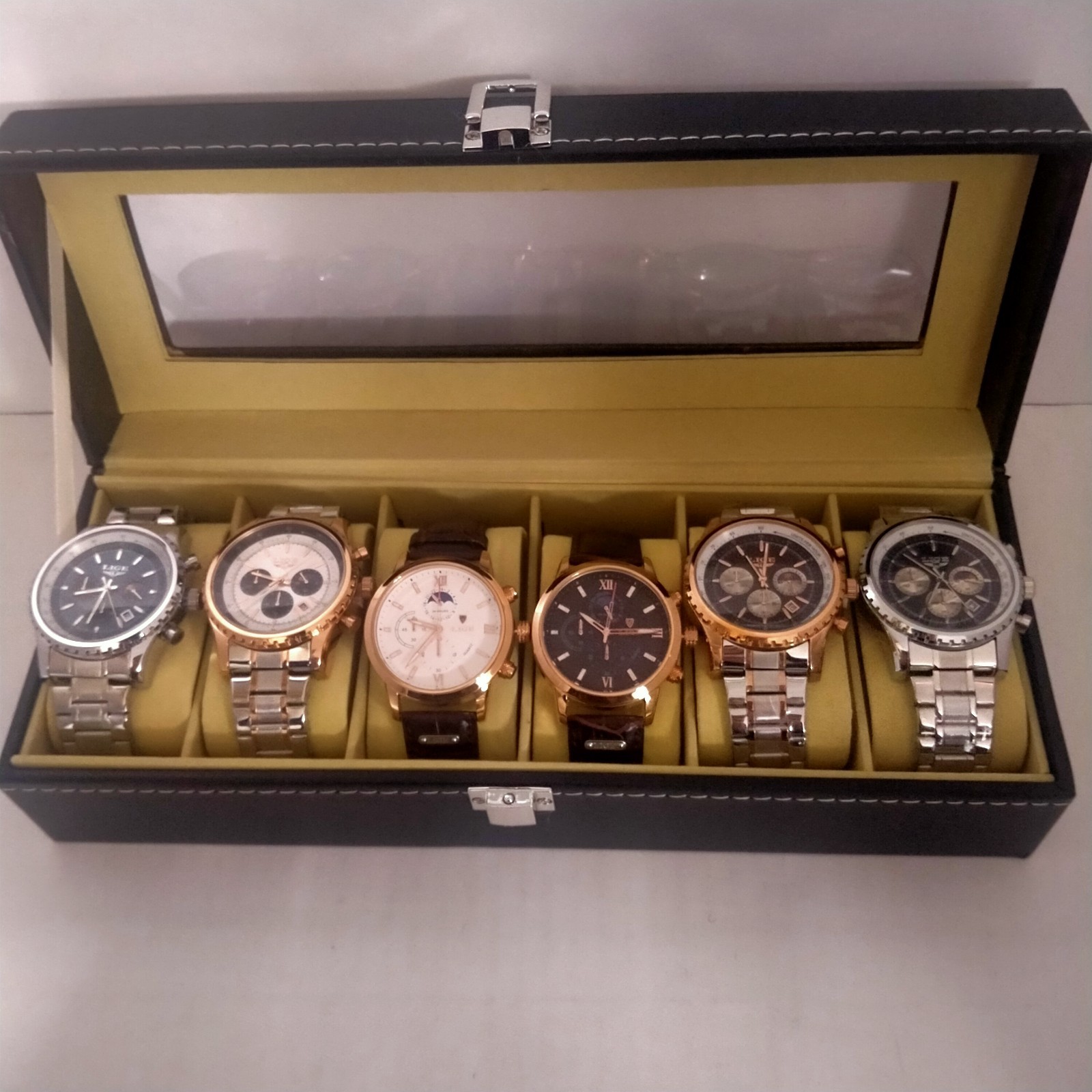 6 Montres de Luxe Chronographes avec Coffret en Bois Précieux pour Homme Raffiné