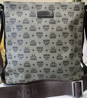 #ad MCM Gray Monogram Crossbody Bag Zip Top Silver Hardware Front Pocket Adj Strap $110.00