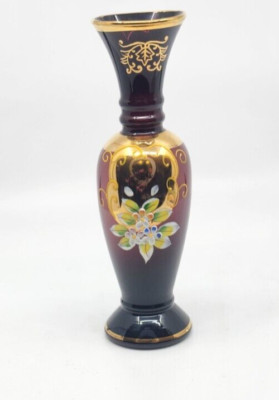 Vintage Italian amethyst glass bud vase 8'' Tall Enamel Forget me not flowers