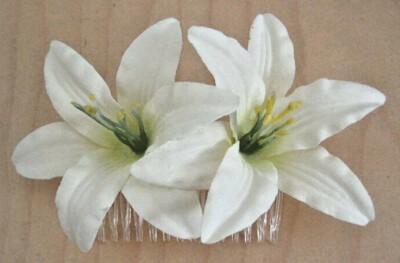 Double Cream White 3.5'' Lily Silk Flower Hair Comb,Pin Up,Updo,Bridal