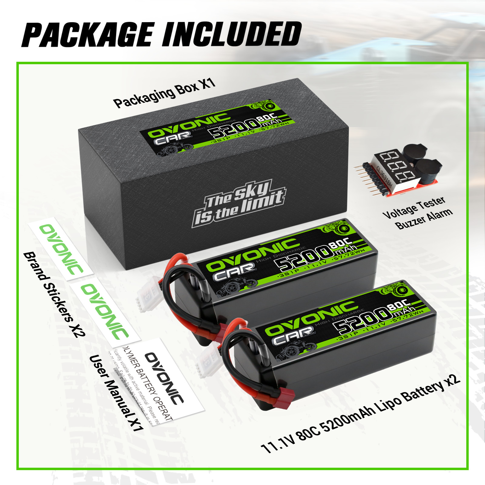 2X OVONIC 11.1V 80C 5200mAh 3S Lipo Battery T + Lipo Battery Voltage Tester kits