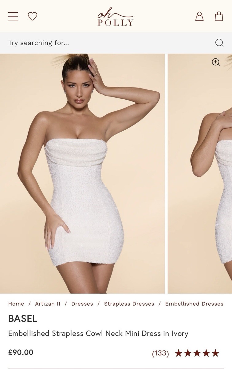 Oh Polly Embellished Strapless Cowl Neck Mini Dress in Ivory Size 10 | eBay  UK