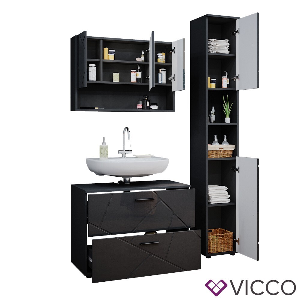 Badmöbelset Irma Anthrazit Hochglanz modern 80 cm 30 cm Badezimmerschrank Vicco