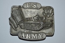 Vintage 1982 US Army Flag Tank Pewter Silver Tone Commemorative Belt Buckle