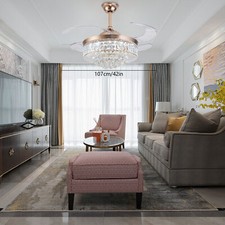 42" Invisible LED Ceiling Fan Light Crystal Retractable Chandelier Lamp W/Remote