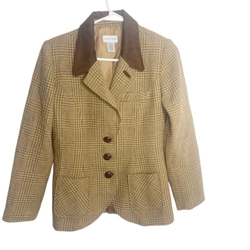 Soft Surroundings plaid wool blazer tan equestrian preppy size small petite EUC