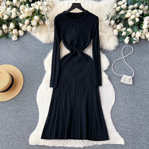 Mode Solide Herbst Winter Strick Langes Kleid Elegant Pullover Kleid Damen - Bild 15 von 29