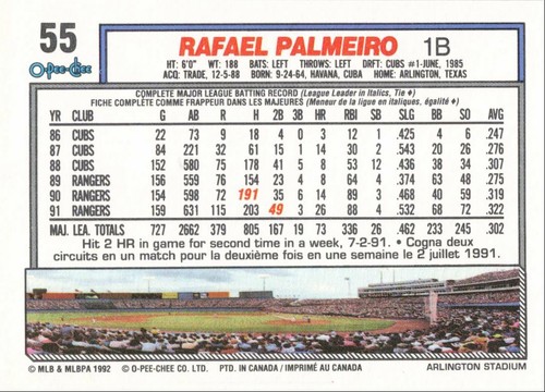 1992 O-Pee-Chee Baseball Rafael Palmeiro Texas Rangers #55 - Picture 2 of 2