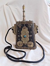 Antique Moroccan Berber Large Heavy Gunpowder Flask Turquoise Stone Inlaid Decor