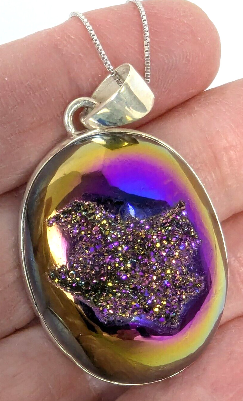 Sterling Silver Purple Rainbow Titanium Agate Druzy Drusy Pendant Necklace 18