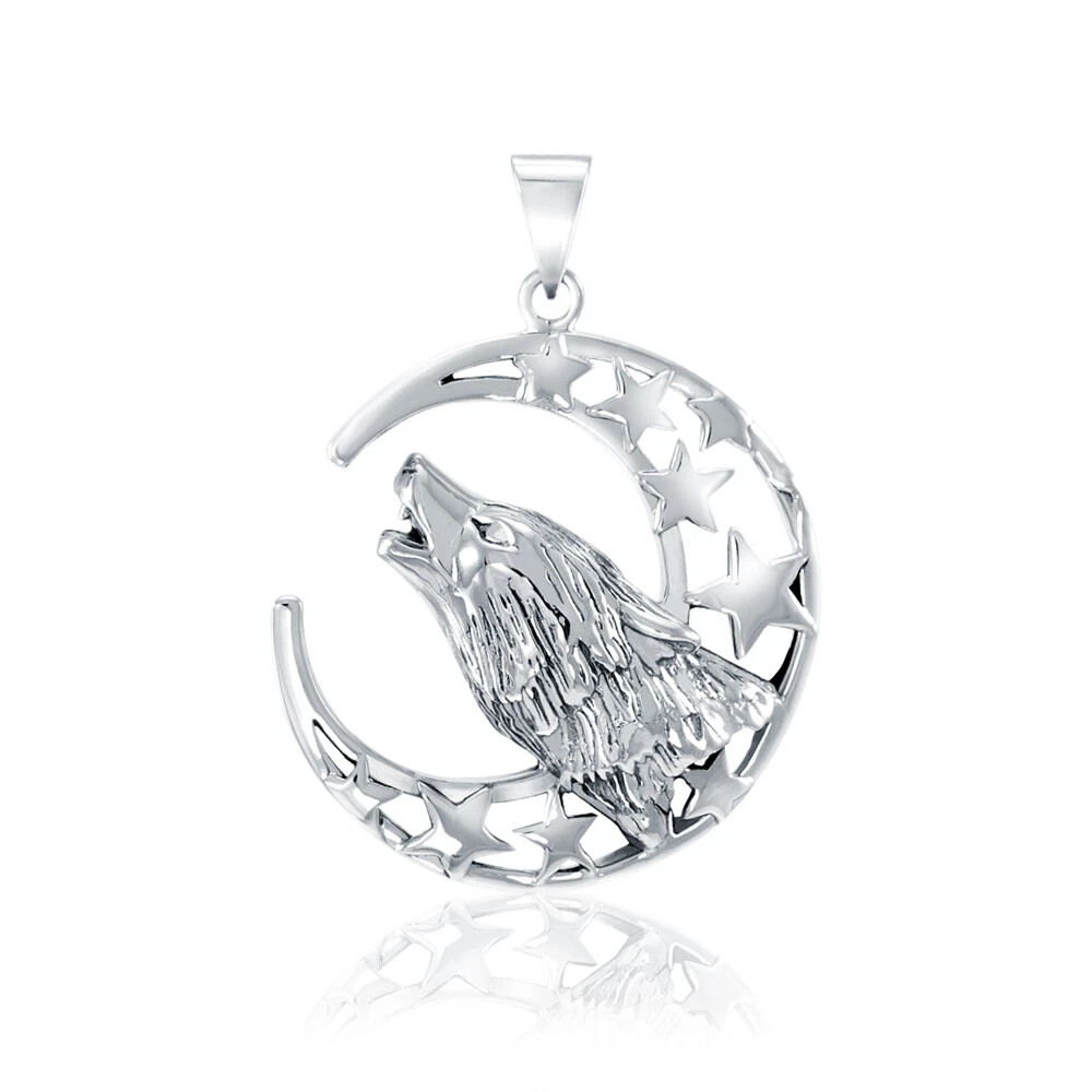 WithLoveSilver 925 Sterling Silver Howling Wolf Totem Pendant | Crescent Moon & Stars Design | Amulet Necklace - View #2