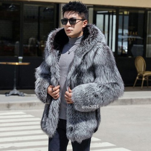Winter Warm Hooded Fur Men's Mink Fur Coat Silver Mink Faux Mink Jacket Parka - Picture 8 of 16
