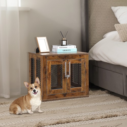 Dog Crate Furniture Wooden Kennel Indoor Cage End Side Table with Tray and Door - Picture 12 of 37