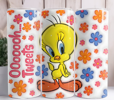 Tweety Bird Floral 3D Puffy 20oz Tumbler Stainless Steel Cup Mug w/Straw Lid