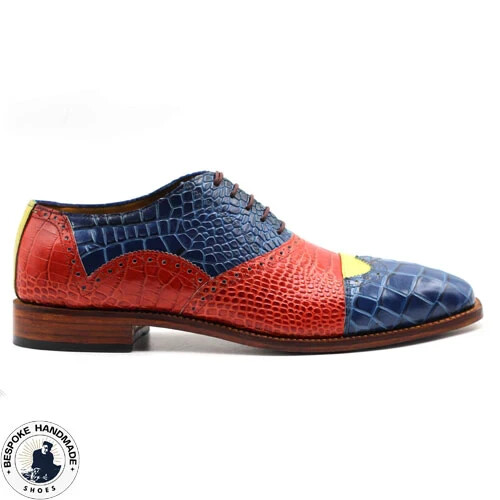 Handmade Men's Dress Shoes, Red, Yellow, Blue Alligator Print Leather Oxford - Picture 3 of 11