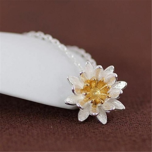 Fashion Sterling Silver Lotus Elegant Flowers Pendants Necklace Womens Jewelry - Picture 7 of 8