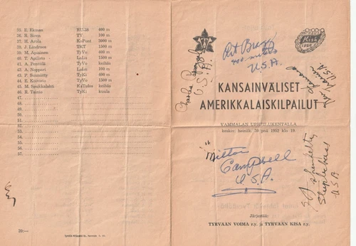 1952 Olympic Autographs "American Athletics Games" in Finland
